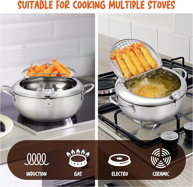 Oxydrily Deep Fryer Pot, Japanese Tempura Deep Fryer Stainless Steel Frying Pot With Thermometer - Image 4
